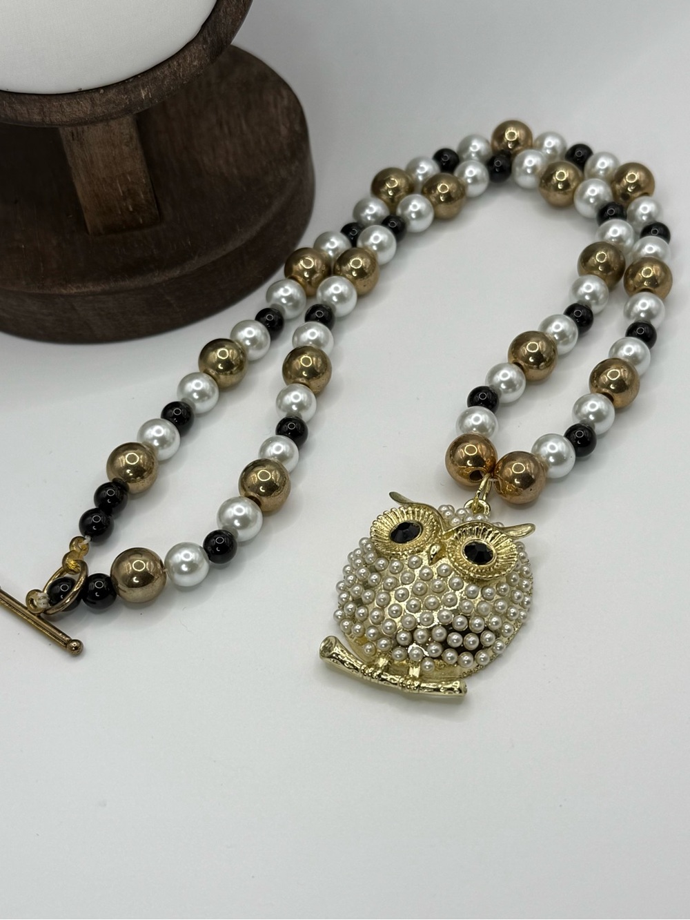 Faux Pearl Beaded Owl Pendant Necklace - Gold, White, Black
